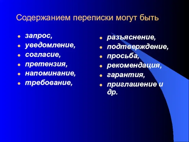 Содержанием переписки могут быть запрос, уведомление, согласие, претензия, напоминание, требование, разъяснение, подтверждение,