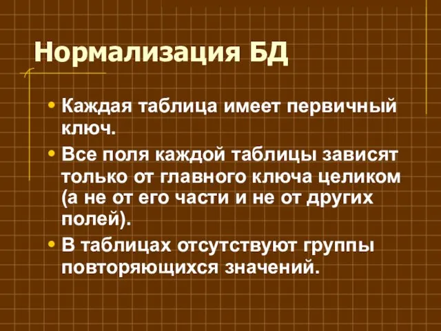 Нормализация БД Каждая таблица имеет первичный ключ. Все поля каждой таблицы зависят