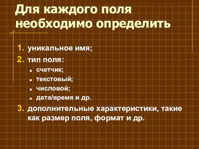 Для каждого поля необходимо определить уникальное имя; тип поля: счетчик; текстовый; числовой;