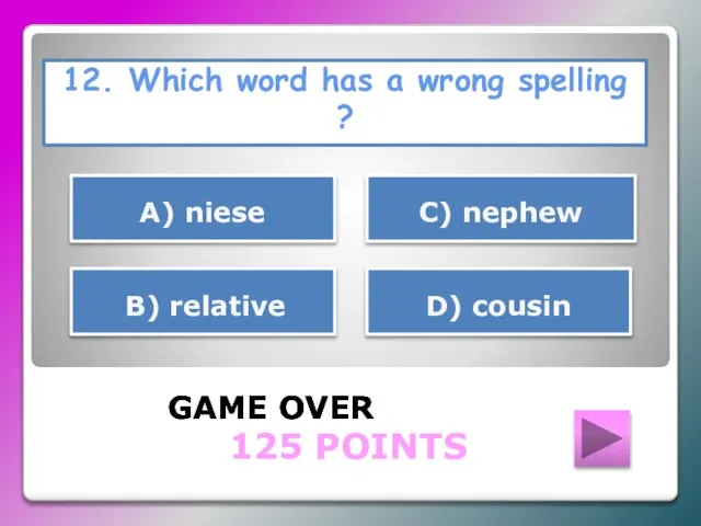 12. Which word has a wrong spelling ? GAME OVER D) cousin