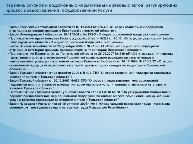 Перечень законов и подзаконных нормативных правовых актов, регулирующих процесс предоставления государственной услуги