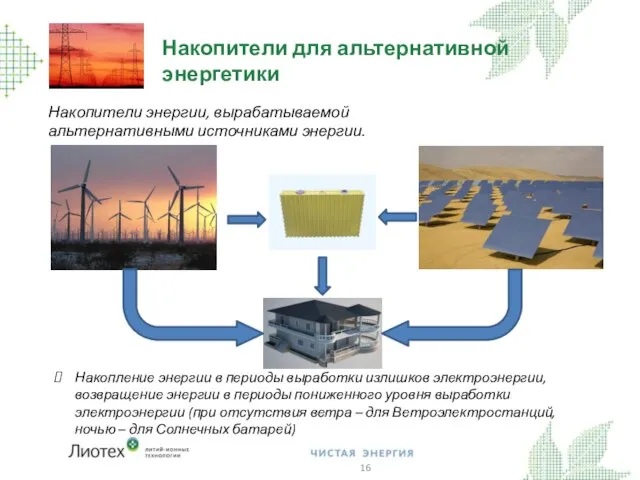 Накопители для альтернативной энергетики Накопители энергии, вырабатываемой альтернативными источниками энергии. Накопление энергии