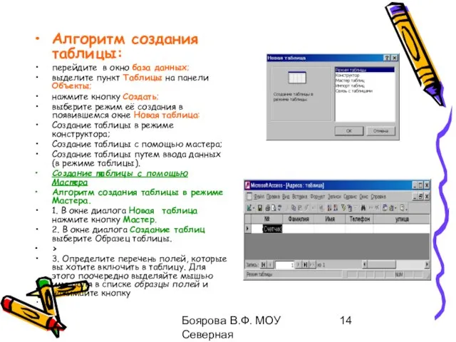 Боярова В.Ф. МОУ Северная общеобразовательная школа Алгоритм создания таблицы: перейдите в окно