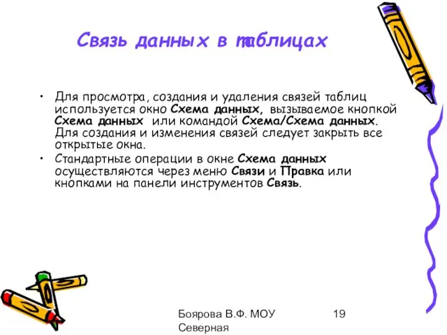 Боярова В.Ф. МОУ Северная общеобразовательная школа Связь данных в таблицах Для просмотра,