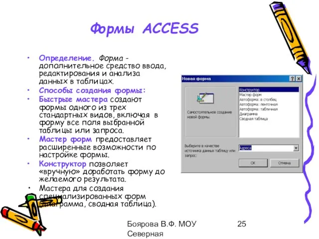 Боярова В.Ф. МОУ Северная общеобразовательная школа Формы ACCESS Определение. Форма - дополнительное