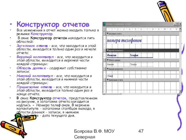 Боярова В.Ф. МОУ Северная общеобразовательная школа Конструктор отчетов Все изменения в отчет