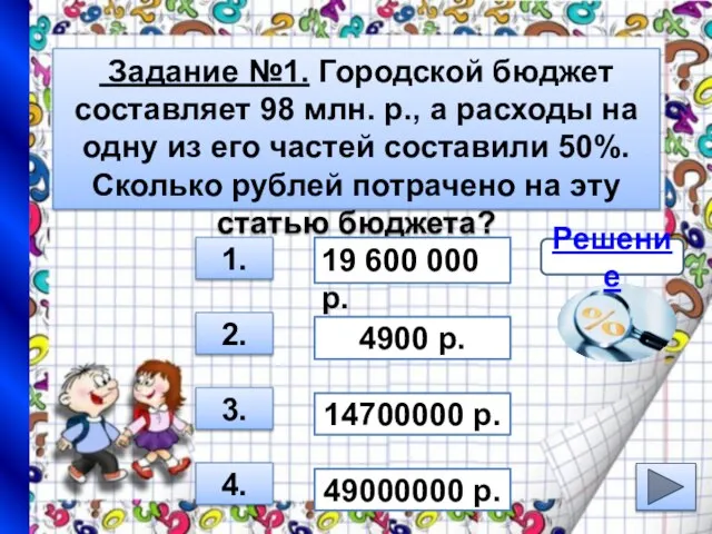 Задание №1. Городской бюджет составляет 98 млн. р., а расходы на одну