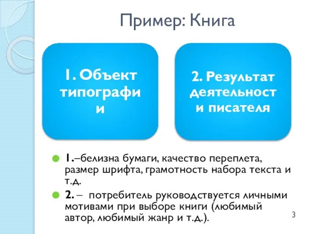 Пример: Книга 1.–белизна бумаги, качество переплета, размер шрифта, грамотность набора текста и