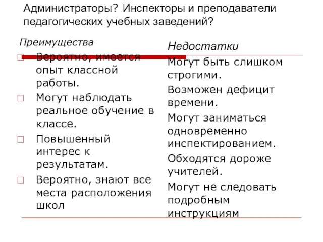 Администраторы? Инспекторы и преподаватели педагогических учебных заведений? Преимущества Вероятно, имеется опыт классной