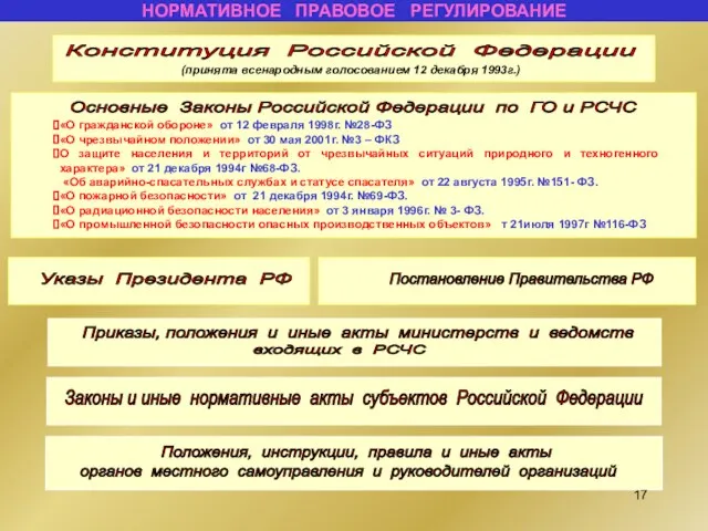 НОРМАТИВНОЕ ПРАВОВОЕ РЕГУЛИРОВАНИЕ Конституция Российской Федерации (принята всенародным голосованием 12 декабря 1993г.)