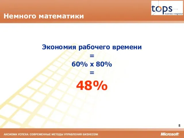 Немного математики Экономия рабочего времени = 60% х 80% = 48%