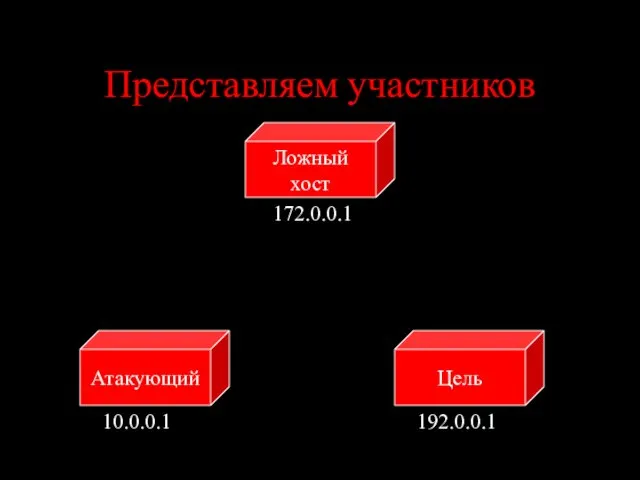 Представляем участников Цель Атакующий Ложный хост 10.0.0.1 192.0.0.1 172.0.0.1