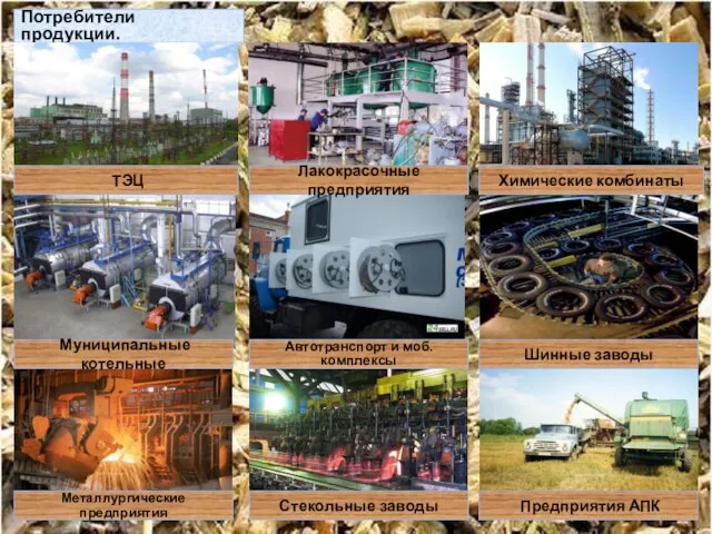 Потребители продукции. ТЭЦ Металлургические предприятия Лакокрасочные предприятия Шинные заводы Химические комбинаты Муниципальные