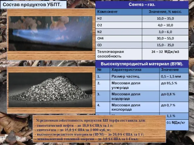 Сентез – газ. Состав продуктов УБПТ. Высокоуглеродистый материал (ВУМ). Усредненная себестоимость продуктов