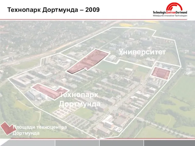 Технопарк Дортмунда – 2009 Flächen Technologie ZentrumDortmund Технопарк Дортмунда Университет Площади техноцентра Дортмунда