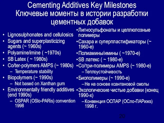 Cementing Additives Key Milestones Ключевые моменты в истории разработки цементных добавок Lignosulphonates