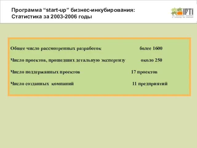 Программа “start-up” бизнес-инкубирования: Статистика за 2003-2006 годы Общее число рассмотренных разработок более