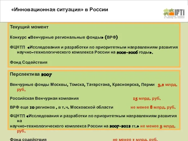 «Инновационная ситуация» в России Текущий момент Конкурс «Венчурные региональные фонды» (ВРФ) ФЦНТП