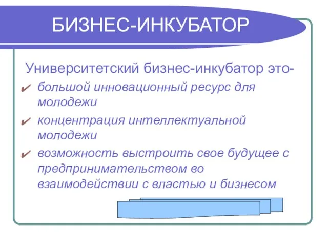 БИЗНЕС-ИНКУБАТОР Университетский бизнес-инкубатор это- большой инновационный ресурс для молодежи концентрация интеллектуальной молодежи