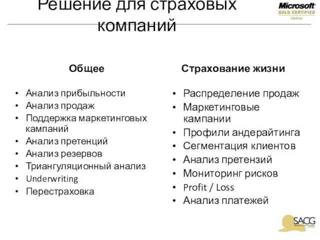 Общее Страхование жизни Анализ прибыльности Анализ продаж Поддержка маркетинговых кампаний Анализ претенций