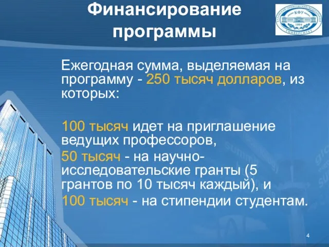 Финансирование программы Ежегодная сумма, выделяемая на программу - 250 тысяч долларов, из