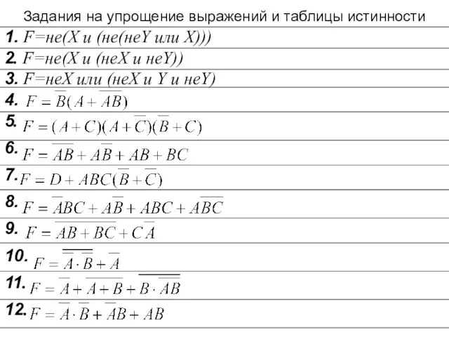 Задания на упрощение выражений и таблицы истинности 1. F=не(X и (не(неY или