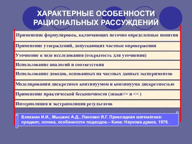 ХАРАКТЕРНЫЕ ОСОБЕННОСТИ РАЦИОНАЛЬНЫХ РАССУЖДЕНИЙ Применение формулировок, включающих неточно определенные понятия Применение утверждений,