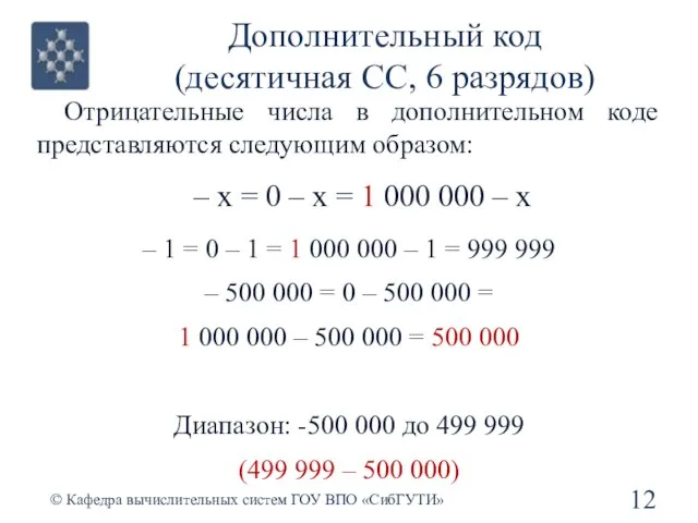 Дополнительный код (десятичная СС, 6 разрядов) Отрицательные числа в дополнительном коде представляются