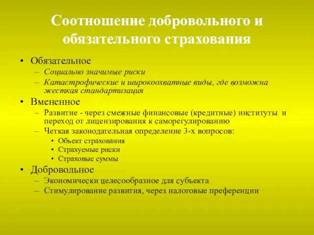 Соотношение добровольного и обязательного страхования Обязательное Социально значимые риски Катастрофические и широкоохватные