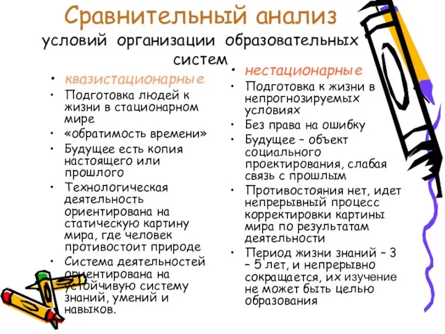 Сравнительный анализ условий организации образовательных систем квазистационарные Подготовка людей к жизни в