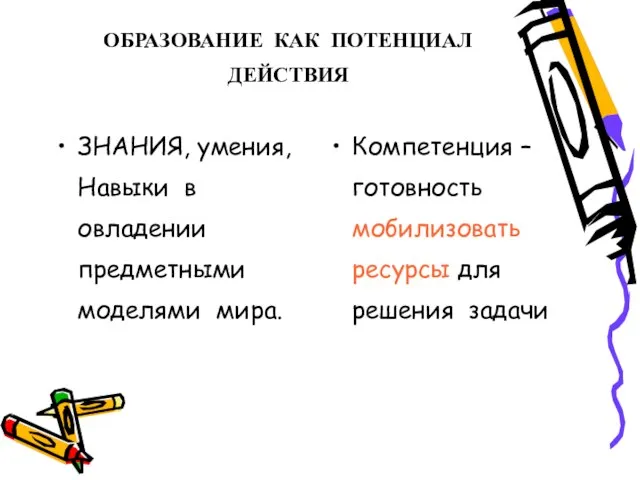 ОБРАЗОВАНИЕ КАК ПОТЕНЦИАЛ ДЕЙСТВИЯ ЗНАНИЯ, умения, Навыки в овладении предметными моделями мира.