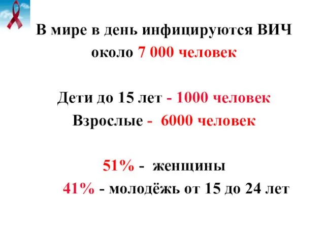 В мире в день инфицируются ВИЧ около 7 000 человек Дети до