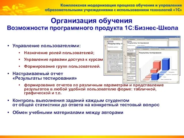 Организация обучения Возможности программного продукта 1С:Бизнес-Школа Управление пользователями: Назначение ролей пользователей; Управление