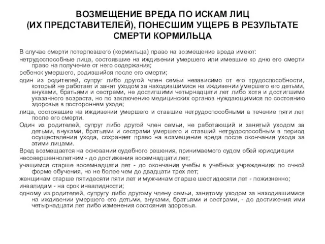 ВОЗМЕЩЕНИЕ ВРЕДА ПО ИСКАМ ЛИЦ (ИХ ПРЕДСТАВИТЕЛЕЙ), ПОНЕСШИМ УЩЕРБ В РЕЗУЛЬТАТЕ СМЕРТИ