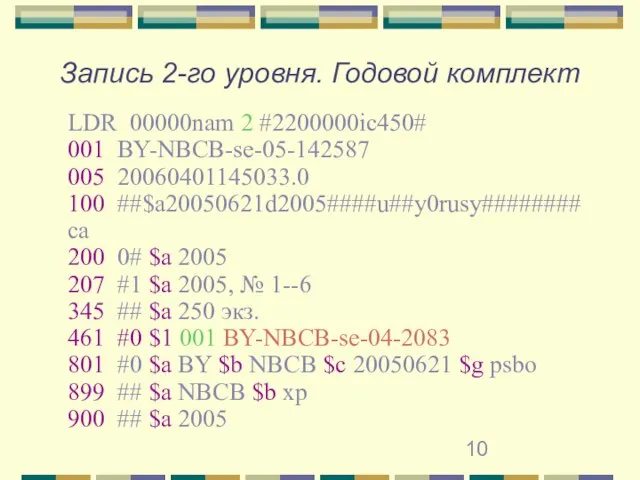 Запись 2-го уровня. Годовой комплект LDR 00000nam 2 #2200000iс450# 001 BY-NBCB-se-05-142587 005