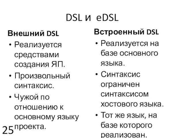 DSL и eDSL Внешний DSL Реализуется средствами создания ЯП. Произвольный синтаксис. Чужой