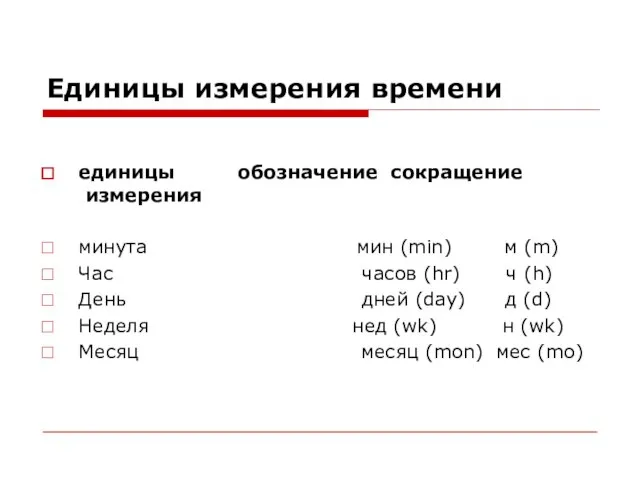 Единицы измерения времени единицы обозначение сокращение измерения минута мин (min) м (m)