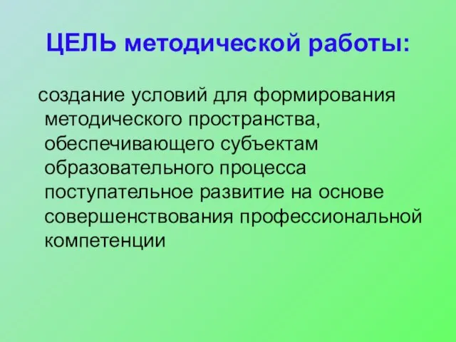 ЦЕЛЬ методической работы: создание условий для формирования методического пространства, обеспечивающего субъектам образовательного