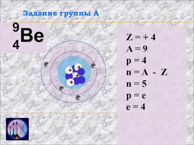 Задание группы А 4Ве 9 + - - - Z = +