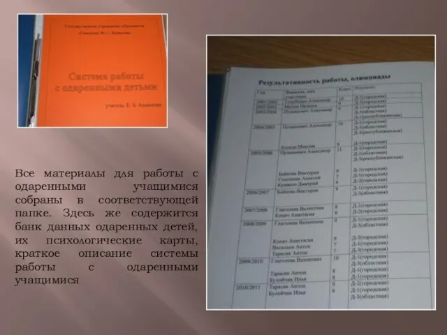 Все материалы для работы с одаренными учащимися собраны в соответствующей папке. Здесь