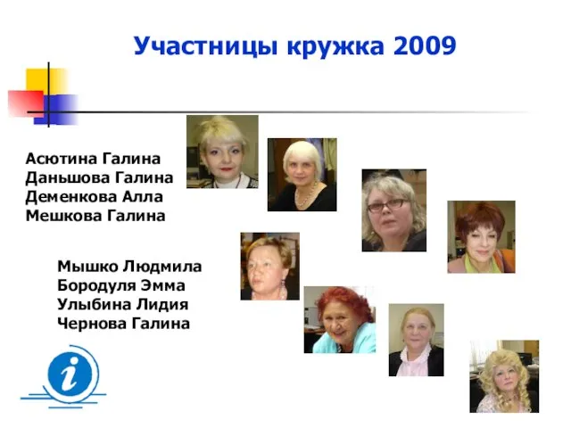 Участницы кружка 2009 Асютина Галина Даньшова Галина Деменкова Алла Мешкова Галина Мышко