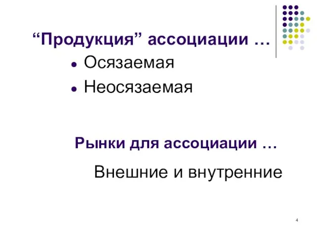 “Продукция” ассоциации … Осязаемая Неосязаемая Рынки для ассоциации … Внешние и внутренние