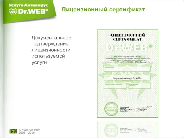 Лицензионный сертификат Документальное подтверждение лицензионности используемой услуги