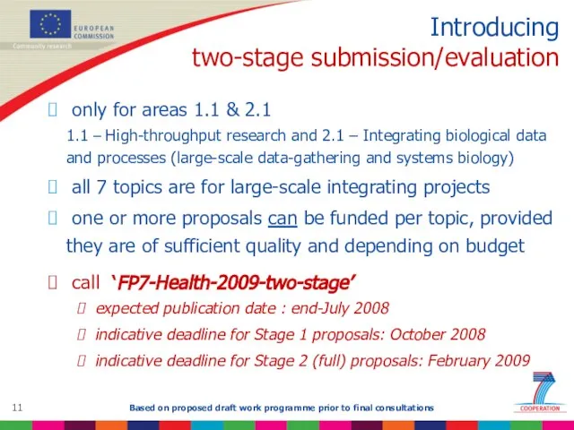 Introducing two-stage submission/evaluation only for areas 1.1 & 2.1 1.1 – High-throughput