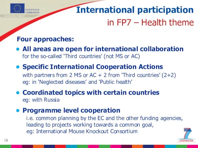 International participation in FP7 – Health theme Four approaches: All areas are