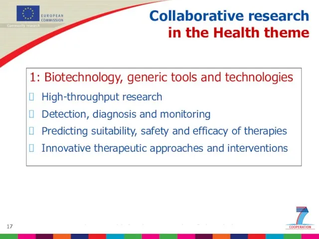 Collaborative research in the Health theme 1: Biotechnology, generic tools and technologies