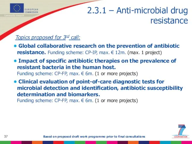 2.3.1 – Anti-microbial drug resistance Topics proposed for 3rd call: Global collaborative