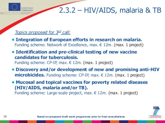 2.3.2 – HIV/AIDS, malaria & TB Topics proposed for 3rd call: Integration