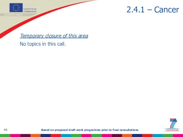2.4.1 – Cancer Temporary closure of this area No topics in this call.