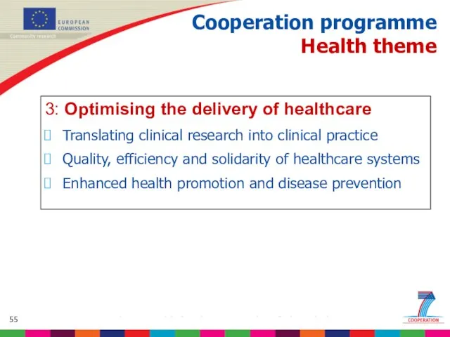 Cooperation programme Health theme 3: Optimising the delivery of healthcare Translating clinical